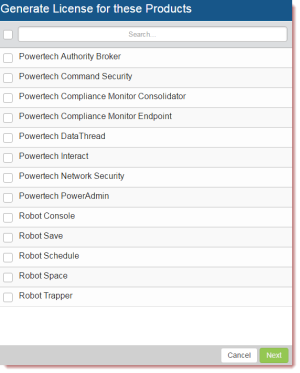 The Generate License for these Products screen, with Robot and Powertech products.