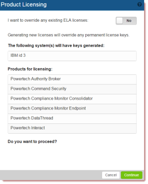 The Product Licensing screen with selected Powertech products and a system.