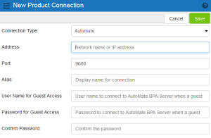 Using the New Product Connection page to add a new Automate Enterprise server connection.