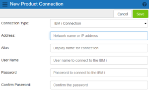 Using the New Product Connection page to add a new IBM i connection.