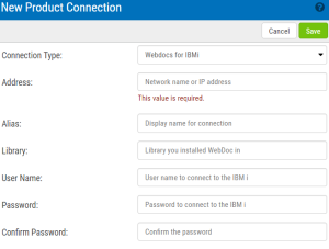 Using the New Product Connection page to add a new Webdocs for IBM i connection.