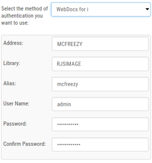 Shows settings to authenticate users against a Webdocs for i server.