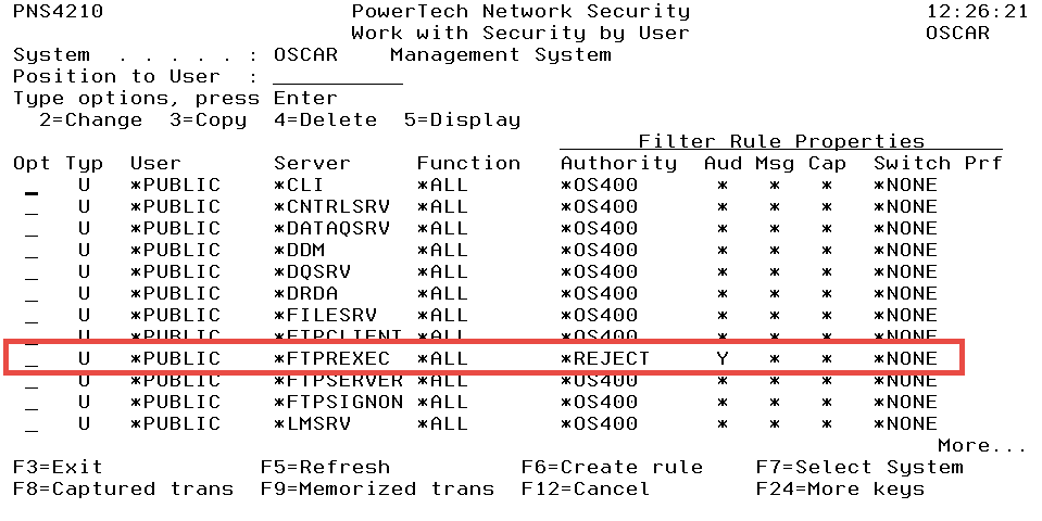 Click to view larger image. Work with Server User Authorities panel