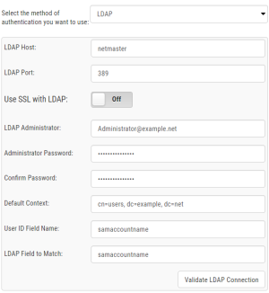 Shows settings to authenticate users against an LDAP server.