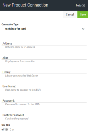 Using the New Product Connection page to add a new Webdocs for IBM i connection.