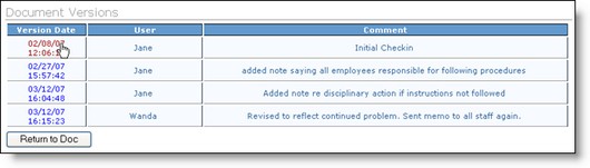 Description: The Versions screen displays all previously checked out versions of this document