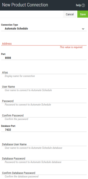 Using the New Product Connection page to add a new Automate Enterprise server connection.