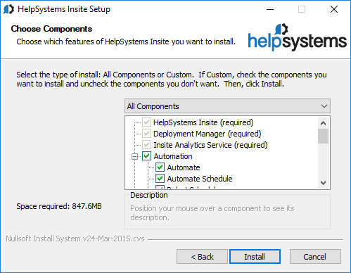 The Choose Components window during installation of HelpSystems Insite.