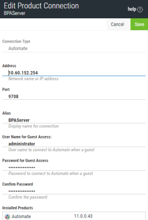 Using the Edit Product Connection page to edit the AutoMate BPA server connection definition.