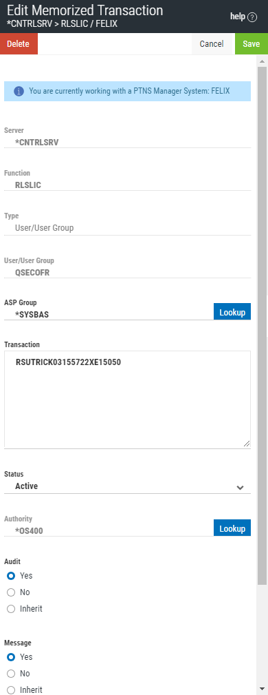 New/Edit Memorized Transaction Screen