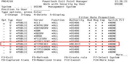 Click to view larger image. Work with Server User Authorities panel